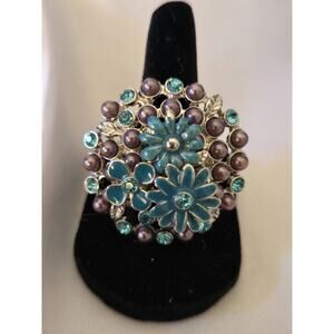 Fashion Ring Blue Enamel Rhinestone Bouquet Flowers Adjustable